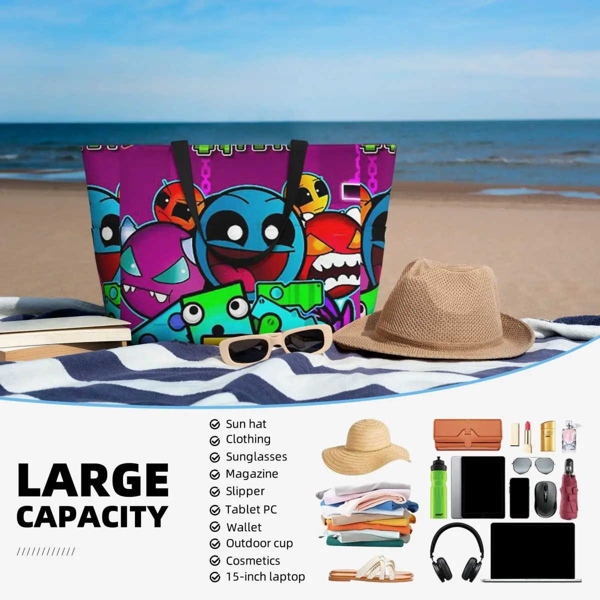 Tas Tote Pantai Geometry Dash  - Yoga Fitness Video ulasan dan harga